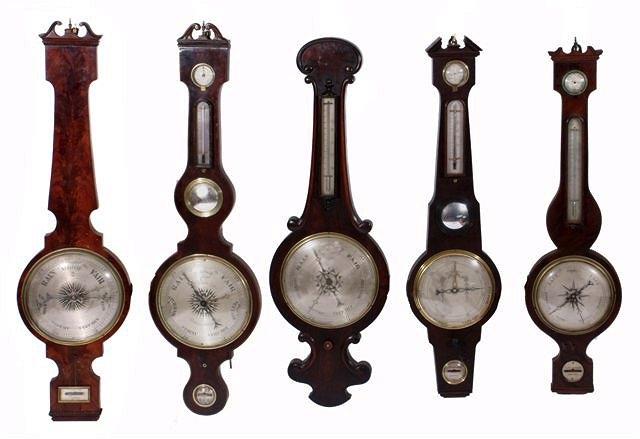 Appraisal: A VICTORIAN MAHOGANY WHEEL BAROMETER with hygrometer thermometer convex mirror