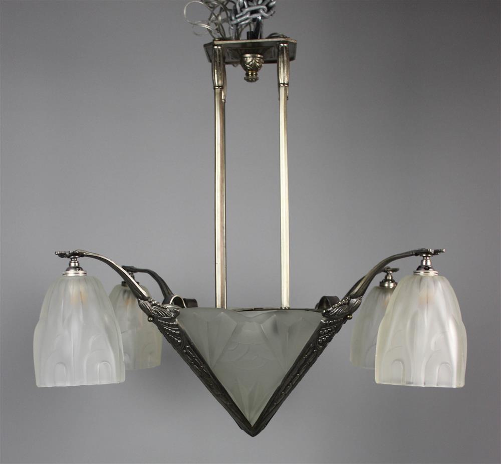 Appraisal: ART DECO STYLE WHITE METAL AND MOLDED FROSTED GLASS FOUR-LIGHT