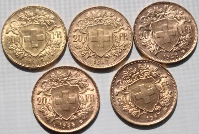 Appraisal: SWISS FRANC GOLD COINS -B -B -B -B -B ALL