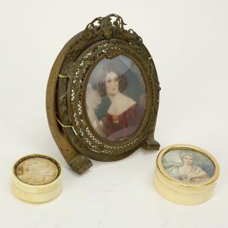 Appraisal: Grouping of Three Antique Bronze Framed Hand Painted Portrait with