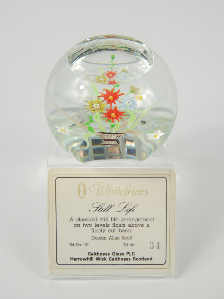 Appraisal: A Whitefriars cut glass paperweight Still Life designed by Allan