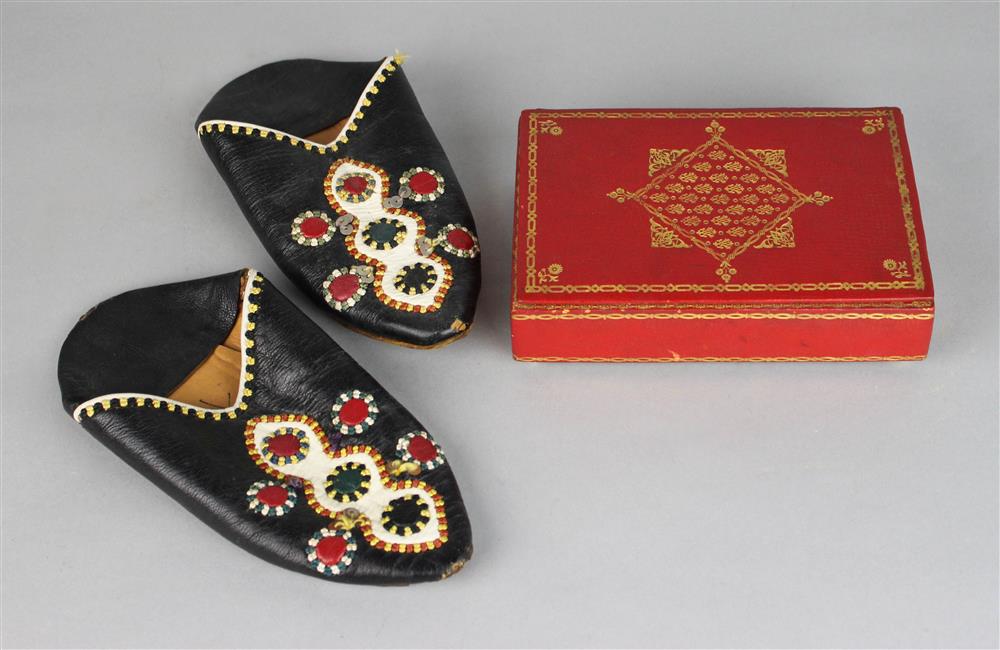 Appraisal: PAIR OF MOROCCAN-STYLE SLIPPERS AND A RED BOX From Fez