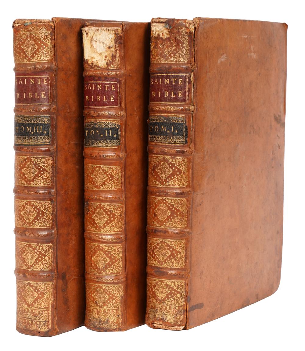 Appraisal: THREE ANTIQUE LEATHER-BOUND VOLUMES THE BIBLELiege Jean-Francois Broncart in volumes