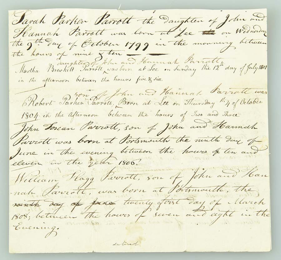 Appraisal: BIRTH RECORD OF ROBERT PARKER PARROTT Written in brown ink