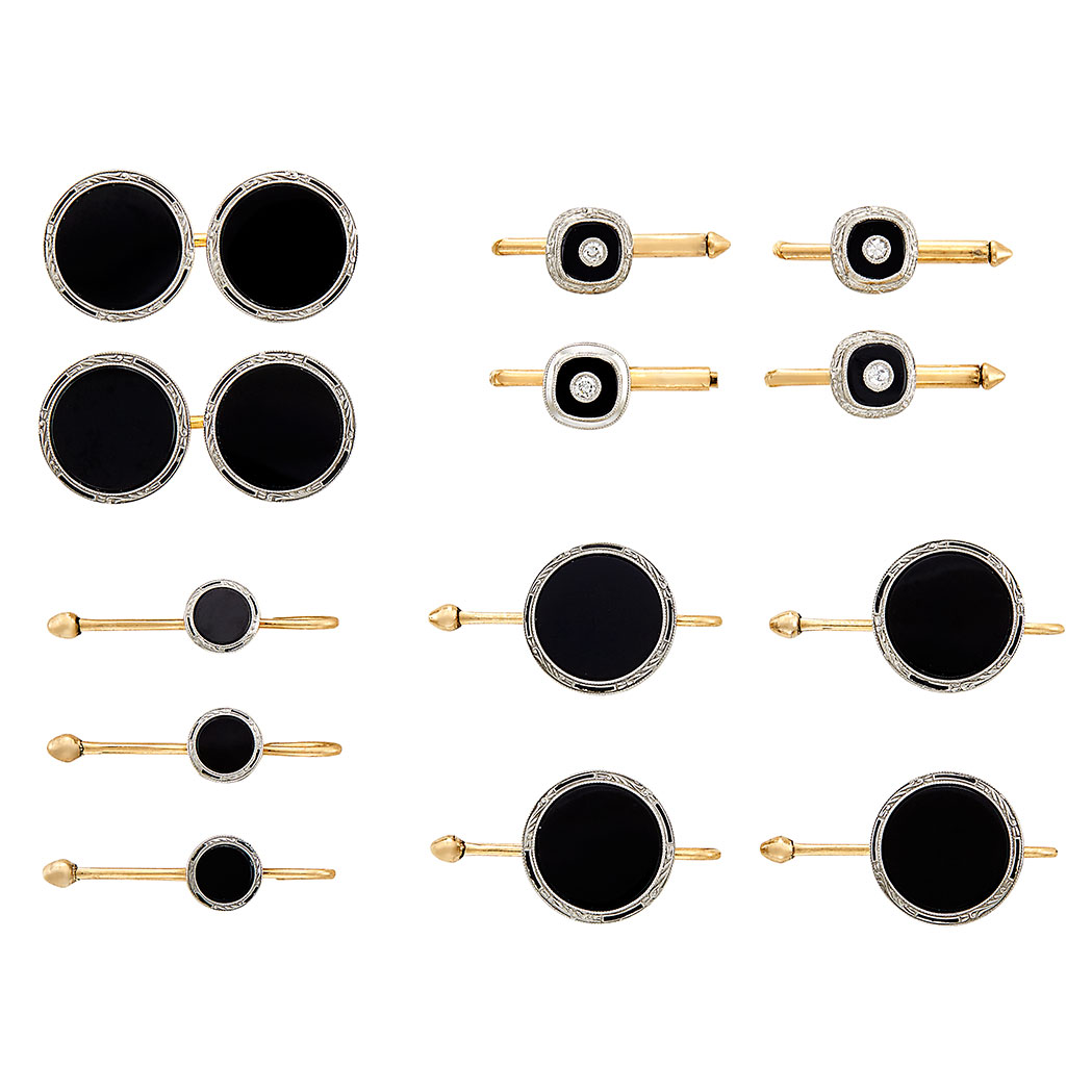 Appraisal: Platinum Gold Black Onyx and Black Enamel Dress Set Krementz