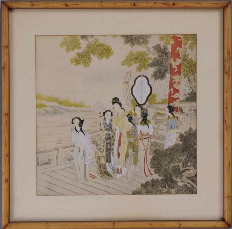 Appraisal: PAIR OF CHINESE WATERCOLORS LADIES IN GARDEN Matted and framed