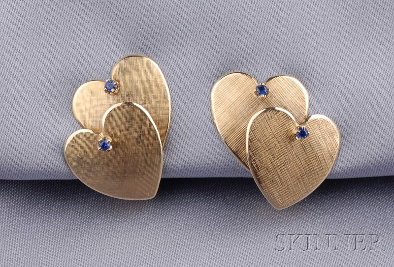 Appraisal: kt Gold and Sapphire Heart Earclips Tiffany Co each brushed