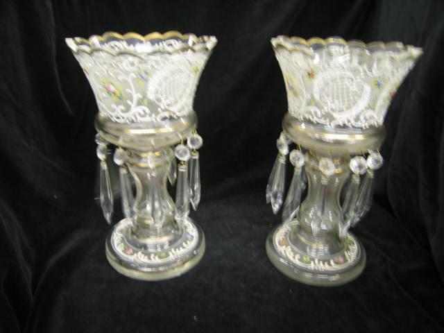 Appraisal: Pair of Victorian Enameled Crystal Mantle Lustres tea r drop