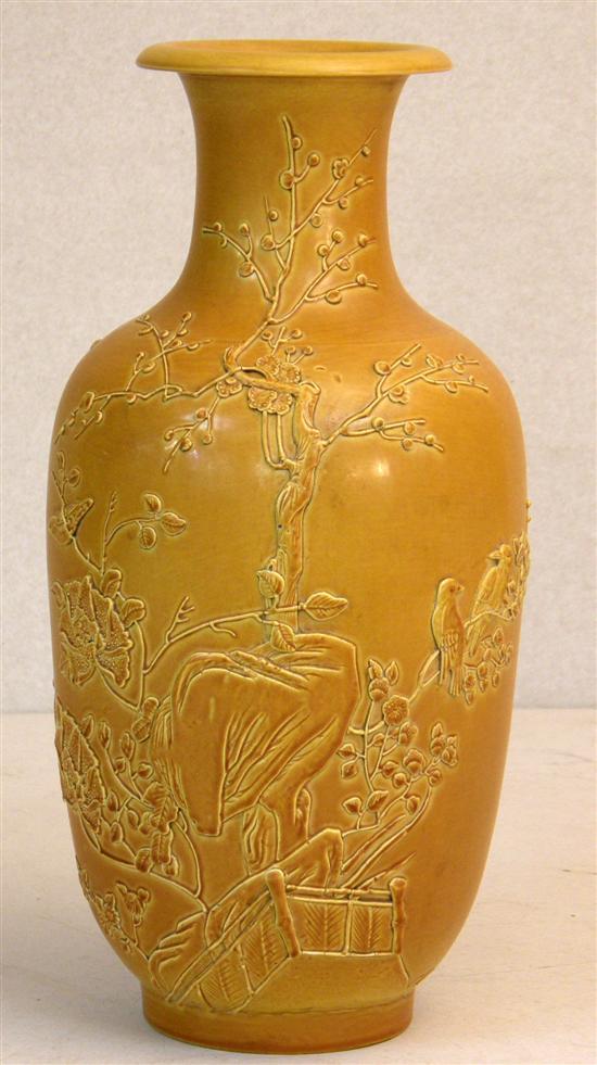 Appraisal: Chinese yellow ground vase Qing Dynasty with applied decoration of