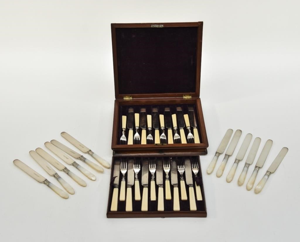 Appraisal: Mahogany cased English flatware service circa to include forks l