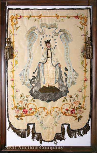 Appraisal: A Finely Embroidered Processional Banner The Immaculate Virgin probably American