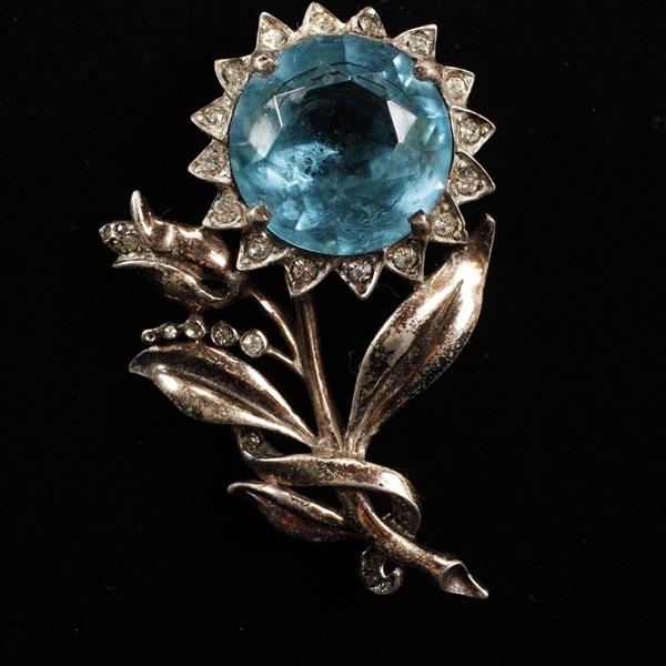 Appraisal: Reja Sterling Floral Brooch Pin with large blue glass jewel