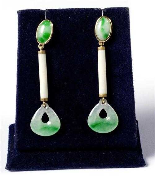 Appraisal: JADEITE AND IVORY PENDANT EARRINGS Yellow gold Fancy pendant earrings