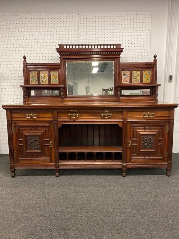 Appraisal: Aesthetic Movement mahogany sideboard late th c with Minton tiles