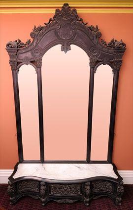 Appraisal: ANGLO-INDIAN ROCOCO-STYLE CARVED HARDWOOD HALL MIRROR AND MARBLE-TOP CONSOLE The