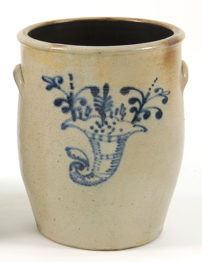 Appraisal: LARGE STONEWARE DOUBLE-EAR CROCK th CenturyWith cobalt blue flowering cornucopia