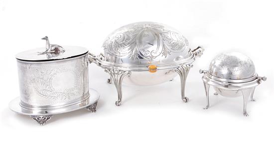 Appraisal: English silverplate tureen butter and biscuit box revolving breakfast H