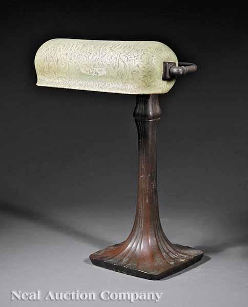 Appraisal: A Handel Patinated Bronze and Green Mosserine Glass Desk Lamp