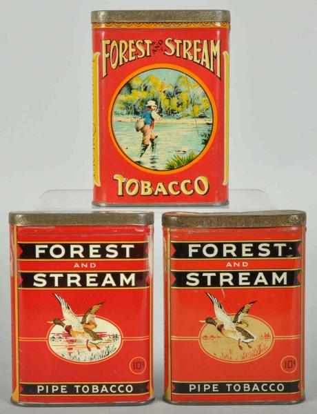 Appraisal: Lot of Forest Stream Pocket Tobacco Tins Description Three outstanding