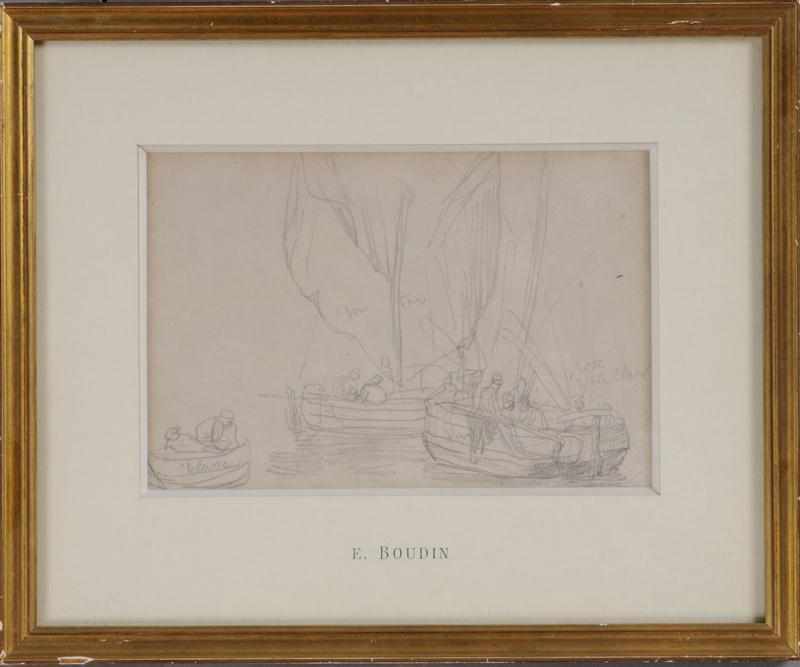 Appraisal: ATTRIBUTED TO EUGENE BOUDIN FISHING BOATS Pencil on paper unsigned