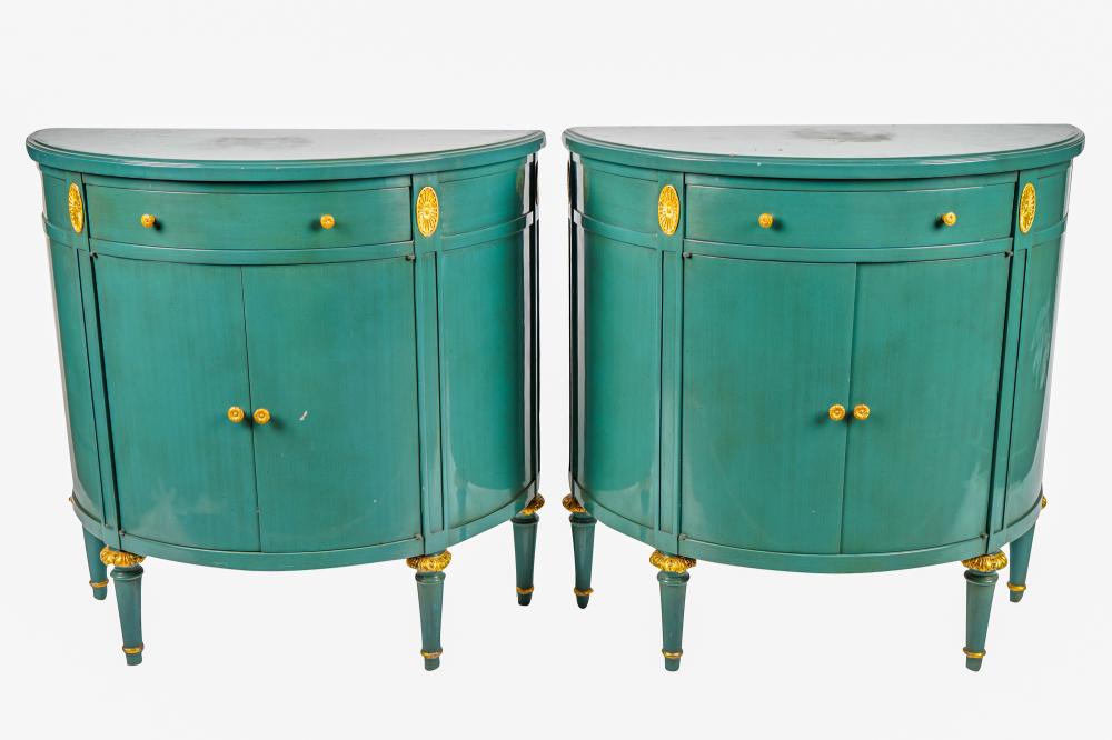 Appraisal: PAIR OF BLUE PAINTED PARCEL GILT DEMI-LUNE CABINETSProvenance The Estate