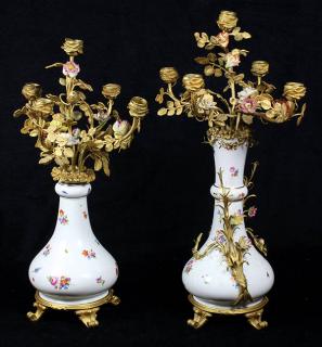 Appraisal: Pair of Meissen dore bronze mounted porcelain five-light candelabra each