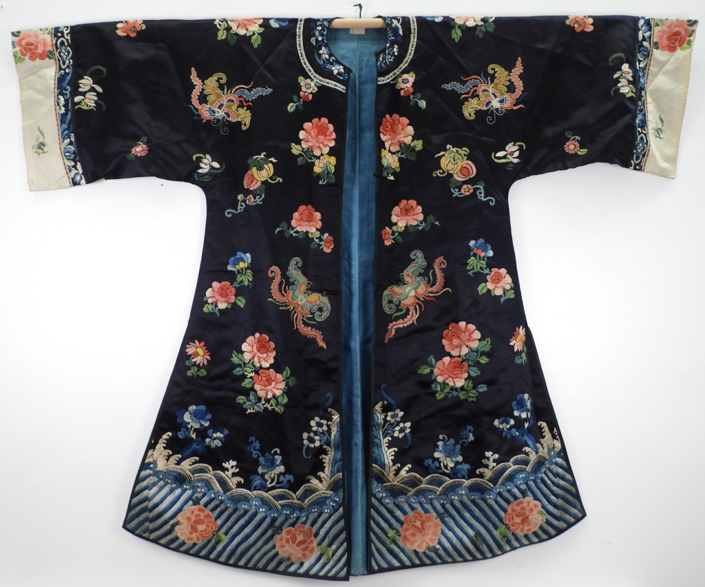 Appraisal: CHINESE QING DYNASTY BLUE SILK FLORAL ROBE ChinaQing DynastyDecorated with