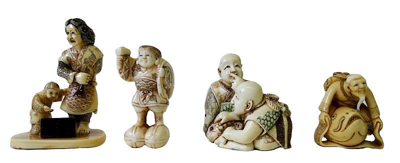 Appraisal: Four Chinese Carved Netsuke Groups Four Chinese Carved Netsuke Groups