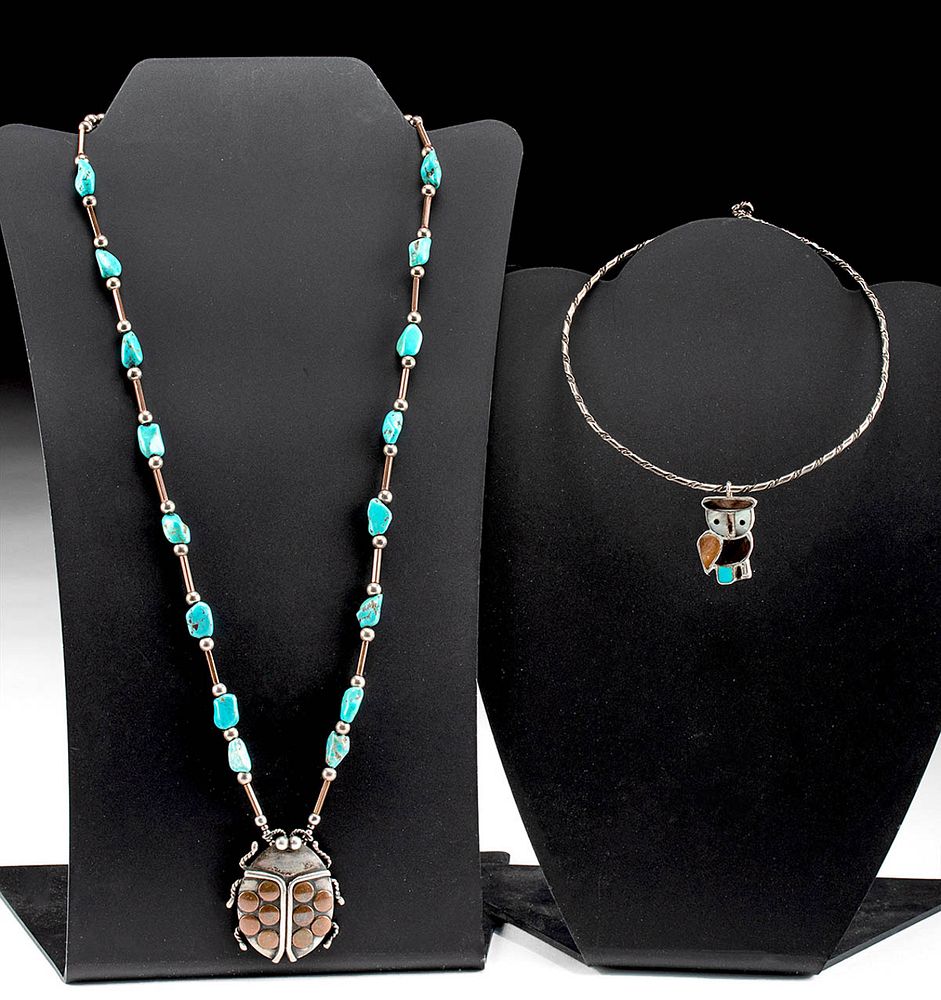 Appraisal: Two th C Zuni Silver Turquoise Necklaces Native American southwestern