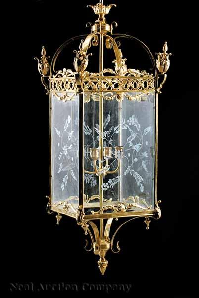 Appraisal: A Monumental Pair of Georgian-Style Gilt Bronze and Etched Glass