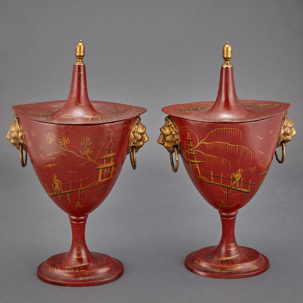 Appraisal: Pair of Regency Painted and Parcel Gilt Tole Chestnut Urns