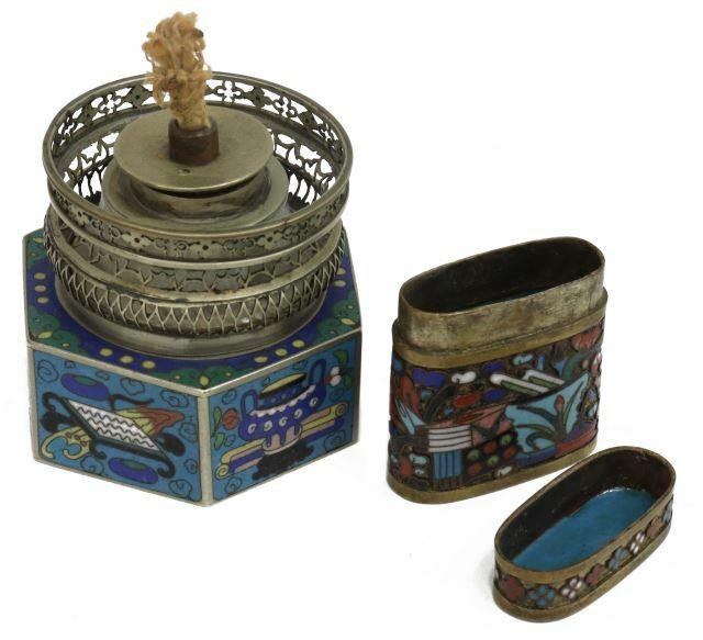 Appraisal: lot of Chinese cloisonne enamel opium paraphernalia including opium lamp