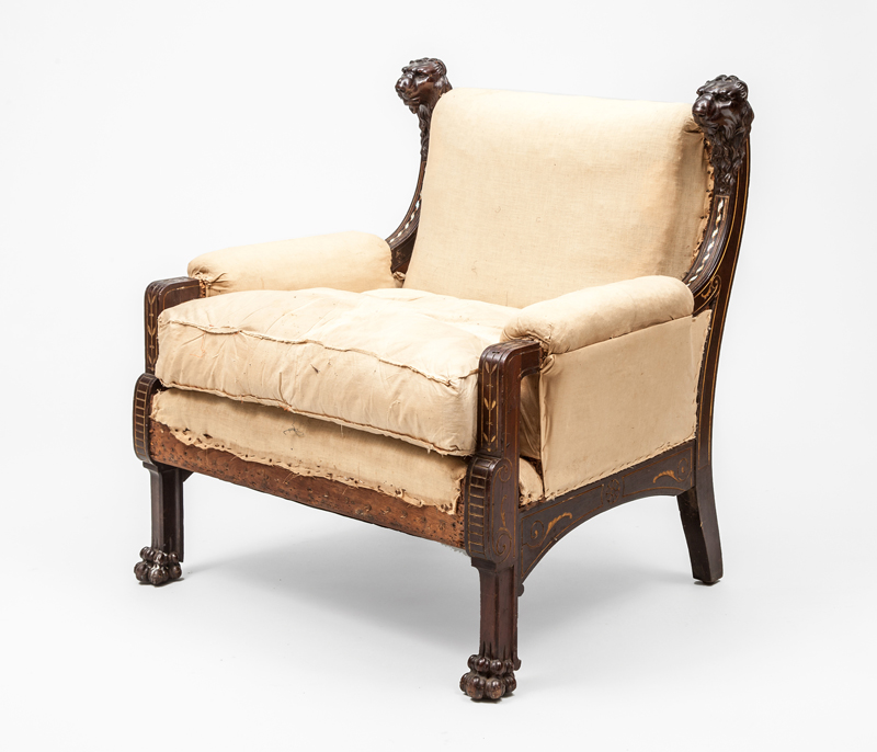 Appraisal: RENAISSANCE REVIVAL ARMCHAIR Carved rosewood gilt incising brass mother-of-pearl and