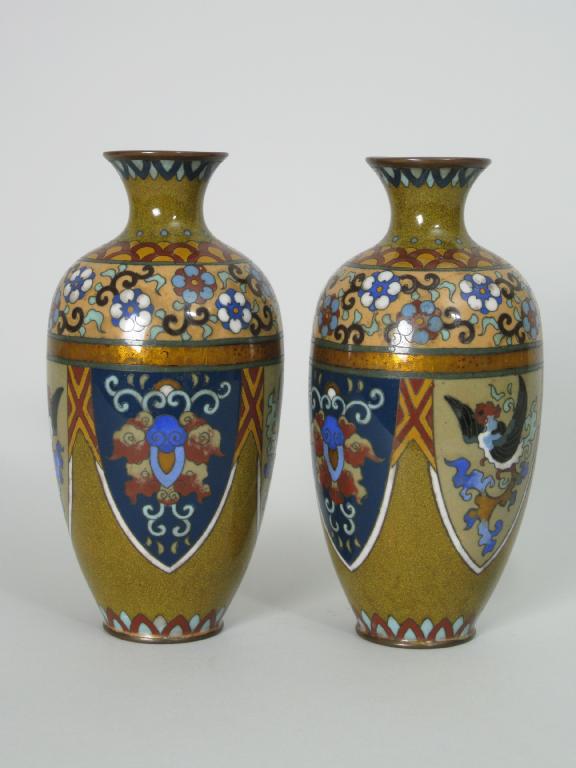 Appraisal: Pair of Cloisonne baluster Vases with reserves of birds and