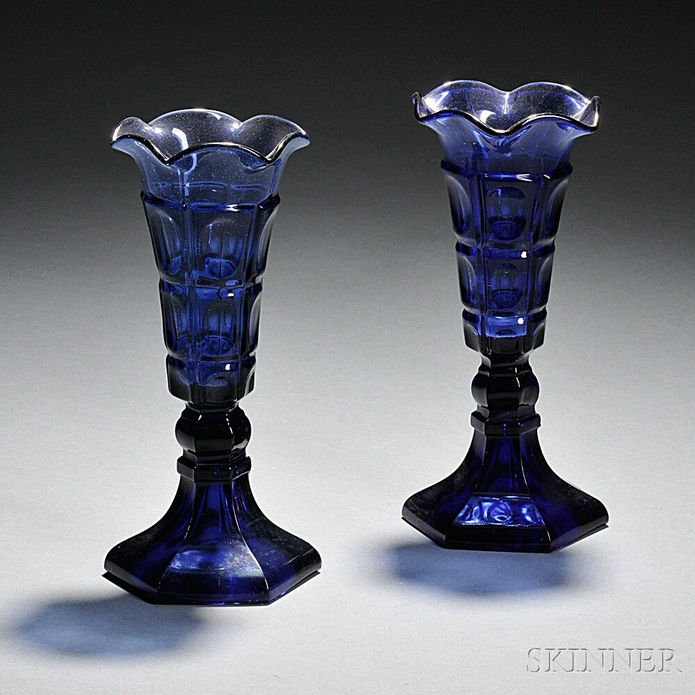 Appraisal: Two Cobalt Blue Pressed Four Printie Block Pattern Glass Vases