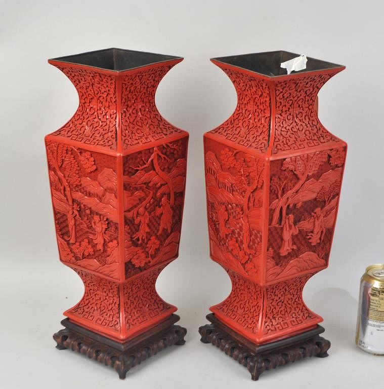 Appraisal: Pair Cinnabar Square Vases Wooden Stands high wide deep Light