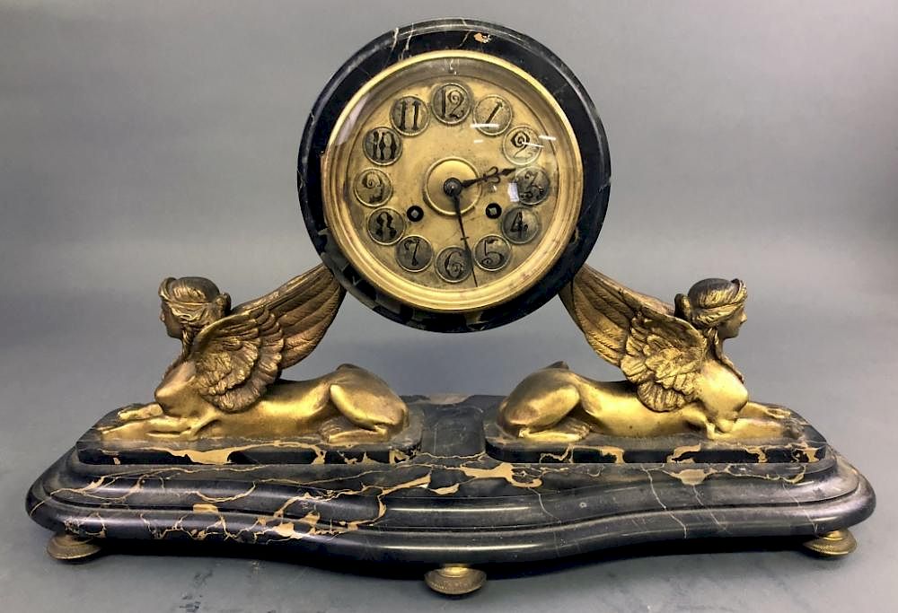 Appraisal: French Egyptian Revival Marble Clock French Egyptian Revival marble clock