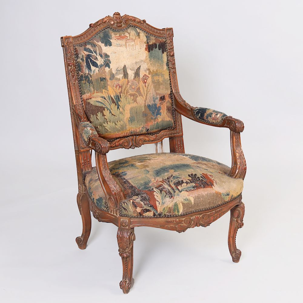 Appraisal: R gence Style Stained Wood Fauteuil la Reine Upholstered in