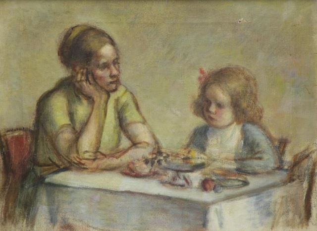 Appraisal: SIMKHOVITCH Simka Oil on Canvas Woman and Childat the Table