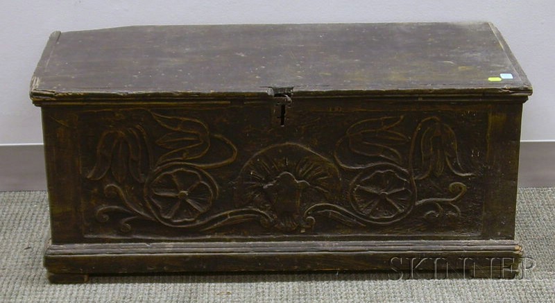 Appraisal: Small Carved and Painted Wooden Six-Board Storage Box ht lg