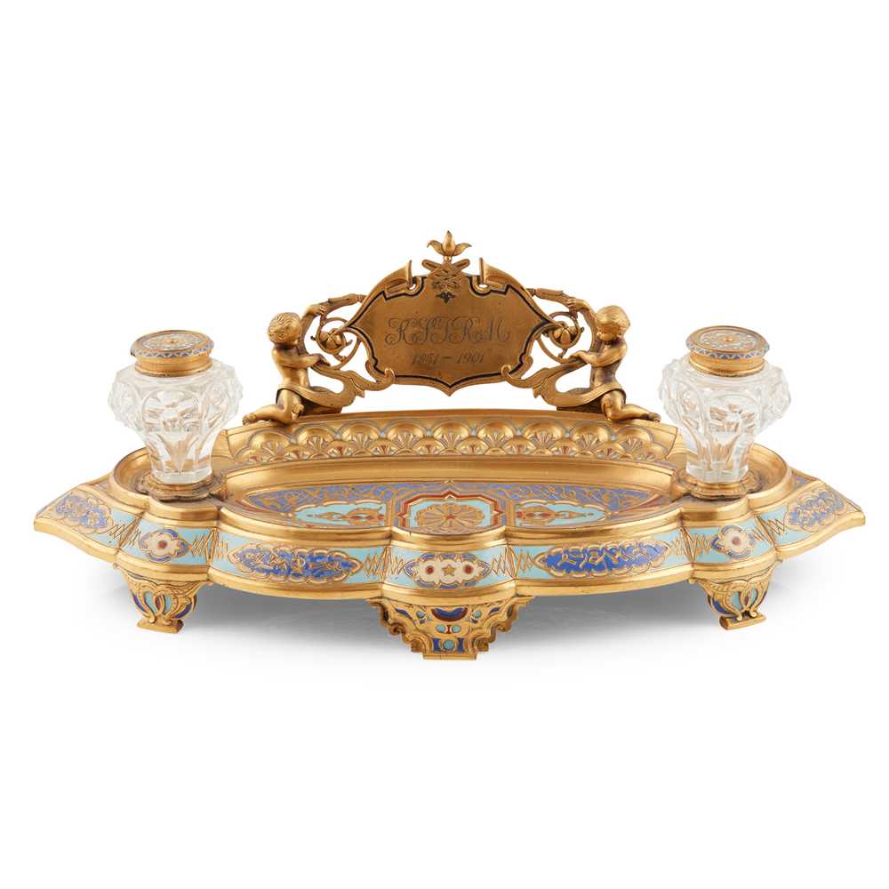 Appraisal: LATE VICTORIAN GILT METAL AND ENAMEL INKSTAND ELKINGTON CO EARLY