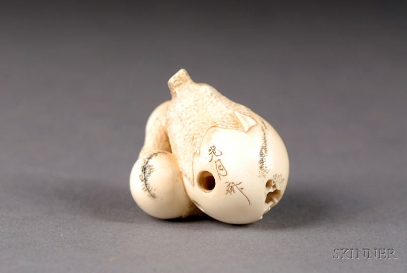 Appraisal: Ivory Netsuke th century three eggplants one with a miniature