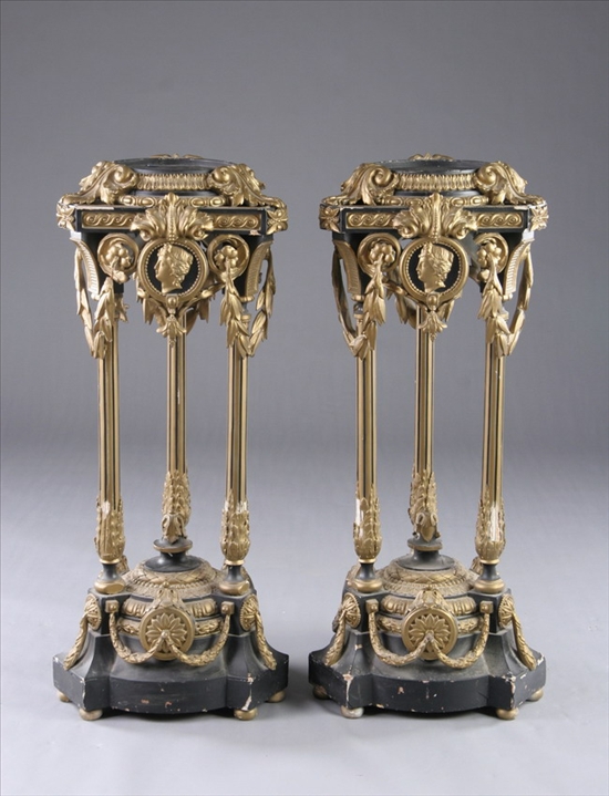 Appraisal: PAIR OF FRENCH LOUIS XVI STYLE EBONIZED AND BRONZE-PAINTED PEDESTALS