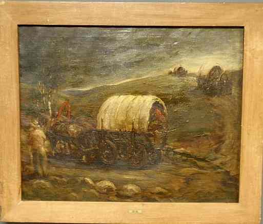 Appraisal: Oil on canvas painting of a wagon train signed l