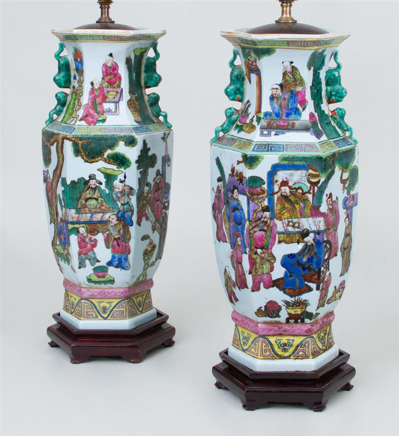 Appraisal: Pair of Chinese Octagonal Baluster-Form Famille Rose Porcelain Vases Mounted