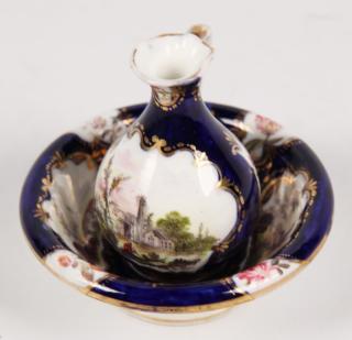 Appraisal: MINIATURE ENGLISH PORCELAIN BOWL AND PITCHER HAVING COBALT ENAMEL FIELD