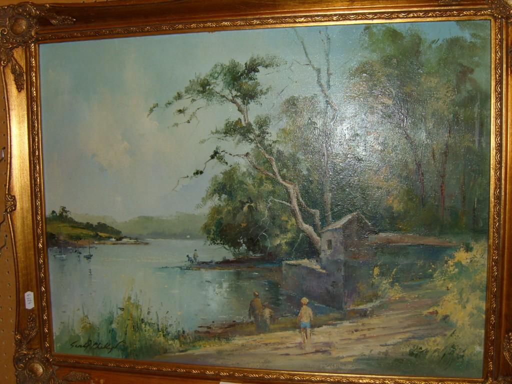 Appraisal: An oil painting on canvas showing a lake scene with