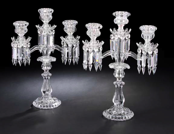 Appraisal: Pair of Baccarat Jewel-Pressed Glass Three-Light Candelabra the model introduced