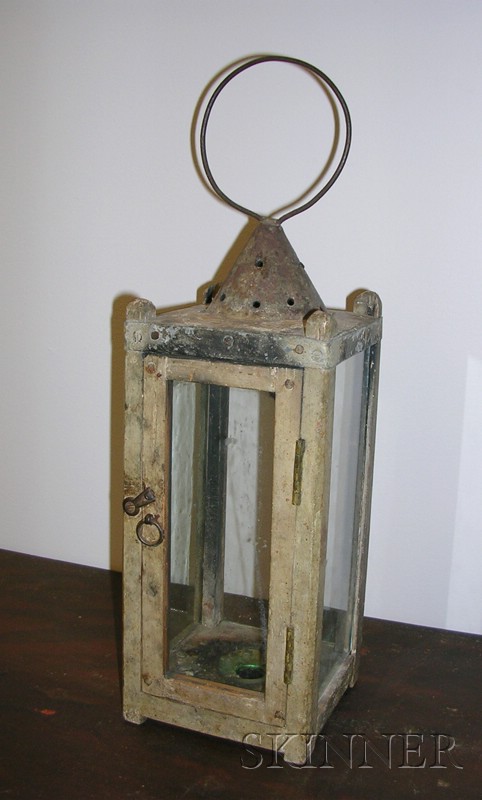 Appraisal: Painted Wood and Tin Candle Lantern America early th century