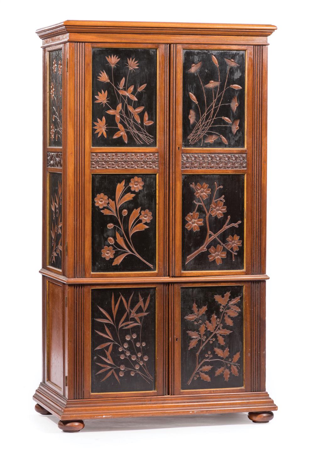 Appraisal: American Aesthetic Ebonized Carved and Parcel Gilt Walnut Cabinet late